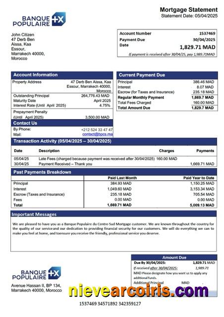 Morocco Banque Populaire du Centre-Sud mortgage statement Word and PDF template